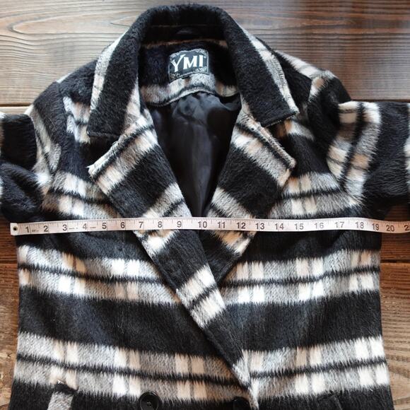 Vintage Y2K YMI Coat Large Black White Plaid 90s Fuzzy Oversized Jacket Wool - Picture 4 of 8